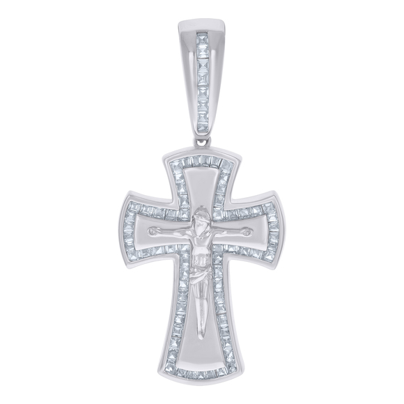 925 Sterling Silver Mens Baguette Cubic-Zirconia Crucifix Cross Charm Pendant